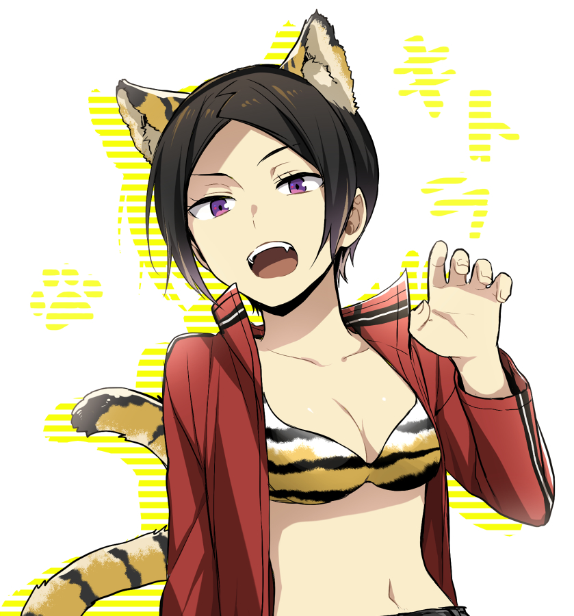 1girl 7100potechi animal_ears animal_print black_hair bra breasts hand_up jacket kitora_ai long_sleeves looking_at_viewer medium_breasts open_clothes open_hand open_jacket open_mouth red_jacket short_hair solo tail tiger_ears tiger_print tiger_tail underwear upper_body violet_eyes white_background world_trigger