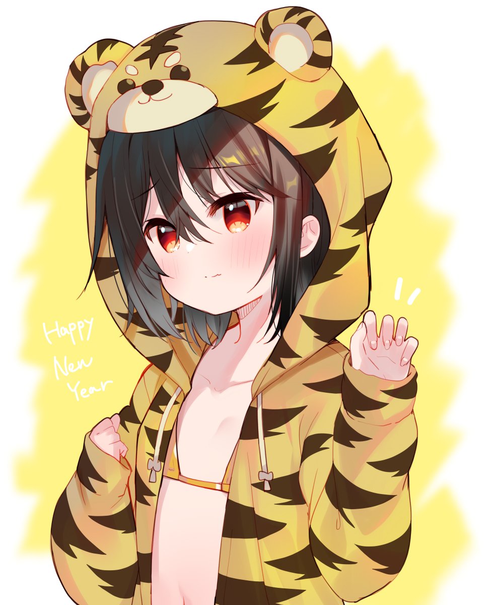 1girl animal_ears animal_hood animal_print bangs bikini bikini_under_clothes black_hair blush chinese_zodiac closed_mouth collarbone eyebrows_visible_through_hair fake_animal_ears hair_between_eyes hands_up happy_new_year highres hood hood_up hooded_jacket jacket long_sleeves meito_(maze) new_year open_clothes open_jacket orange_bikini original print_jacket puffy_long_sleeves puffy_sleeves red_eyes sleeves_past_wrists solo swimsuit tiger_ears tiger_hood tiger_print two-tone_background upper_body white_background year_of_the_tiger yellow_background yellow_jacket