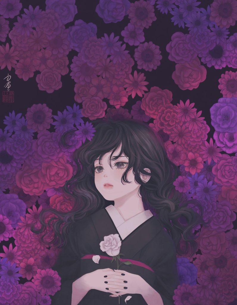 1girl bangs black_hair black_kimono black_nails check_commentary commentary_request floral_background flower flower_bed from_above hair_between_eyes holding holding_flower interlocked_fingers japanese_clothes kimono long_hair long_sleeves looking_at_viewer lying nail_polish obi obiage on_back original own_hands_together parted_lips pink_flower pink_rose purple_background purple_flower purple_rose rose sash seal_impression signature solo ushiyama_ame violet_eyes