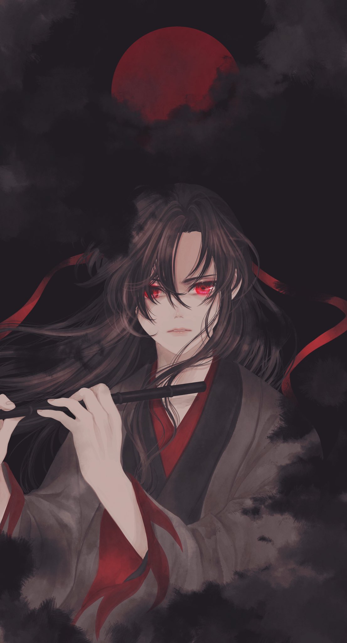 1boy bangs black_background brown_hair brown_robe chinese_clothes clouds commentary_request dark_background floating_hair flute full_moon hair_ribbon hands_up hanfu highres holding holding_innertube innertube instrument long_hair looking_at_viewer male_focus mo_dao_zu_shi moon night night_sky outdoors parted_lips red_eyes red_moon red_ribbon ribbon sky solo standing upper_body ushiyama_ame wei_wuxian