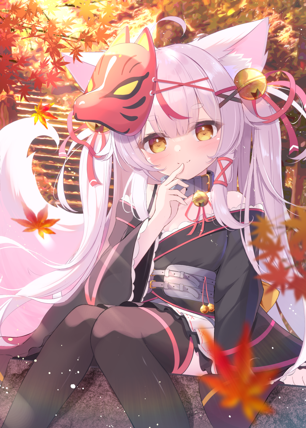 1girl animal_ears bell choker fox_ears fox_tail grey_hair hair_ornament highres indie_virtual_youtuber japanese_clothes kamiko_kana kimono leaf looking_at_viewer mask mikaze_oto pale_skin silver_hair tail thigh-highs thighs twintails virtual_youtuber white_hair yellow_eyes