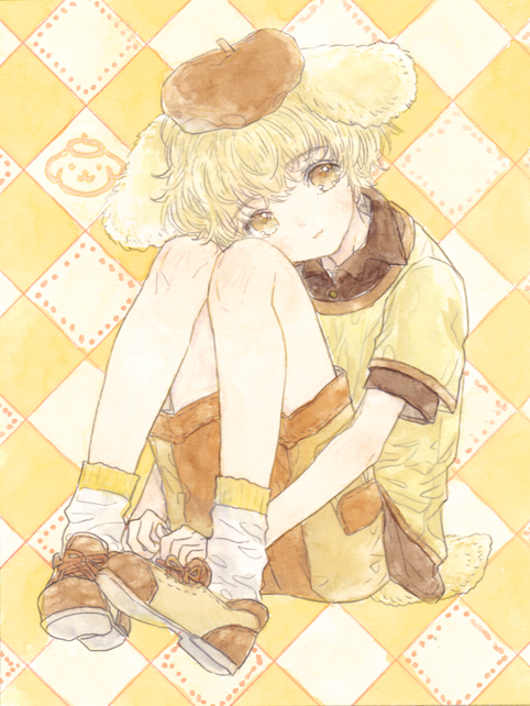 1boy :3 animal_ears blonde_hair blush collared_shirt dog dog_boy dog_ears hat male_focus pale_skin personification pompompurin sanrio shirt shorts socks takanashi_tsubasa yellow_eyes yellow_theme