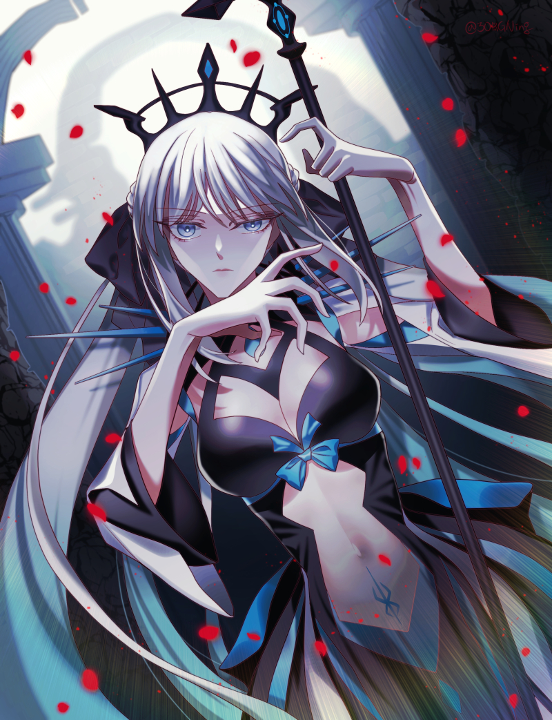1girl 3orgning bangs black_bow black_dress blue_eyes bow breasts center_opening cleavage_cutout closed_mouth clothing_cutout commentary dress eyebrows_visible_through_hair fate/grand_order fate_(series) fingernails hair_between_eyes hair_bow hair_ornament highres holding holding_staff holding_weapon large_breasts long_hair long_sleeves looking_at_viewer morgan_le_fay_(fate) navel night night_sky outdoors outstretched_arm ponytail pubic_tattoo serious sidelocks silver_hair sky solo staff star_(sky) tattoo tiara tree two-tone_dress upper_body very_long_hair weapon white_dress wide_sleeves