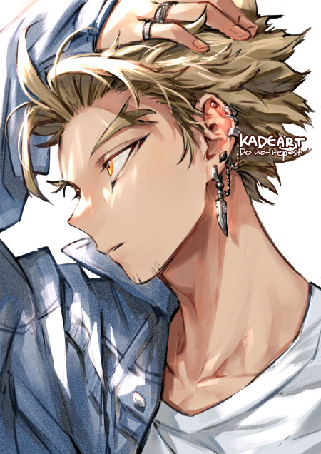 1boy adam's_apple arm_up artist_name boku_no_hero_academia brown_hair collarbone collared_shirt denim_shirt ear_piercing earrings facial_hair facial_mark feather_earrings feathers goatee hand_in_hair hawks_(boku_no_hero_academia) jewelry kadeart looking_afar male_focus multiple_piercings nape oversized_clothes oversized_shirt piercing profile ring shirt short_hair solo stubble stud_earrings white_background white_shirt yellow_eyes