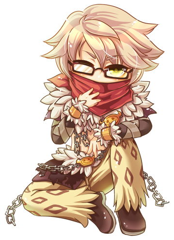 1boy animal_print bangs black-framed_eyewear black_jacket blonde_hair brown_cape brown_footwear cape chain commentary_request eyebrows_visible_through_hair full_body fur_collar glasses green_eyes jacket leopard_print looking_at_viewer lowres male_focus pants ragnarok_online rectangular_eyewear red_bandana shadow_chaser_(ragnarok_online) shoes short_hair shrug_(clothing) simple_background sion_(blackhorse) sitting smiley_face solo waist_cape white_background yellow_pants