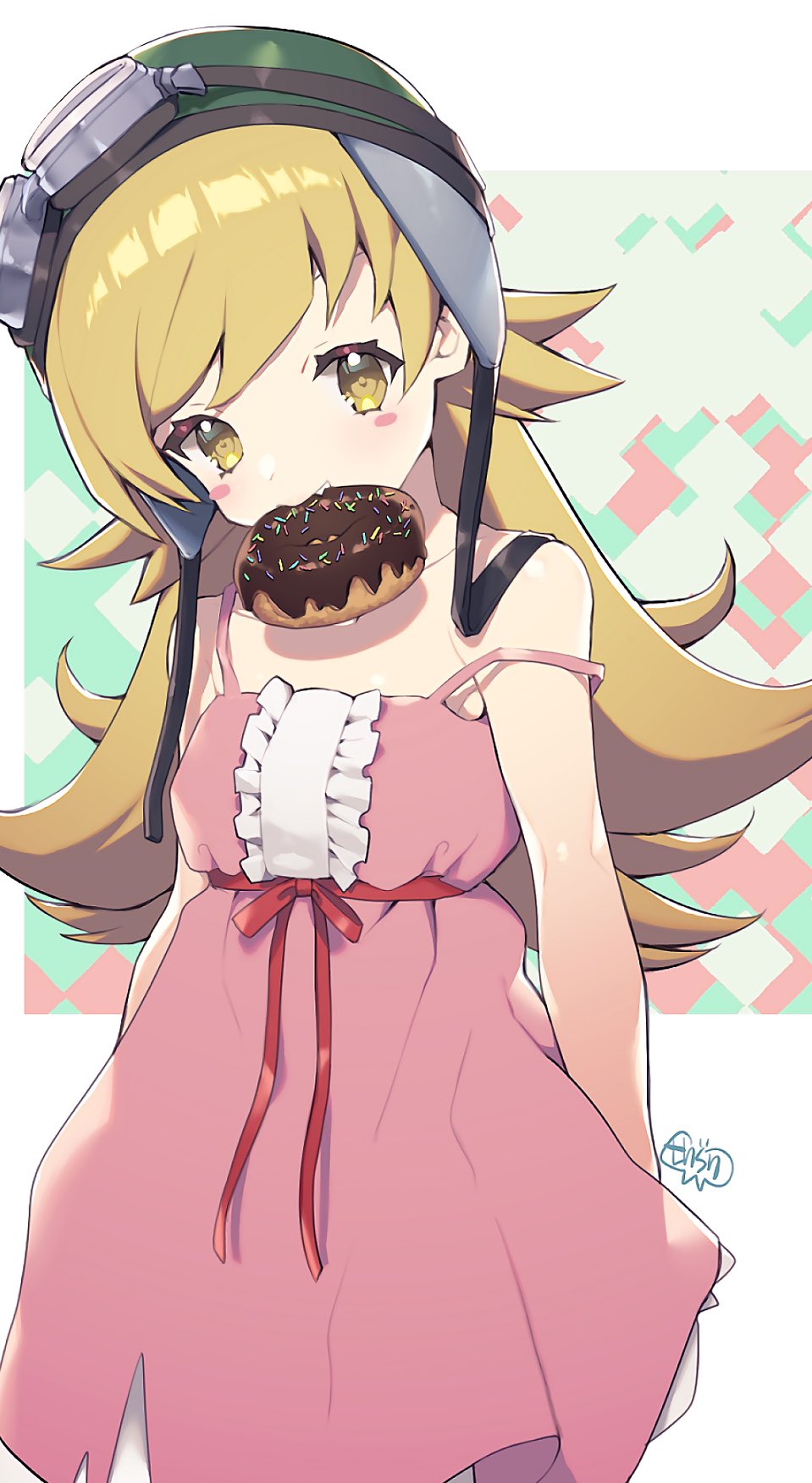 1girl bakemonogatari bare_shoulders blonde_hair blush_stickers doughnut dress food goggles helmet highres long_hair looking_at_viewer monogatari_(series) murata_tefu oshino_shinobu solo strap_slip yellow_eyes