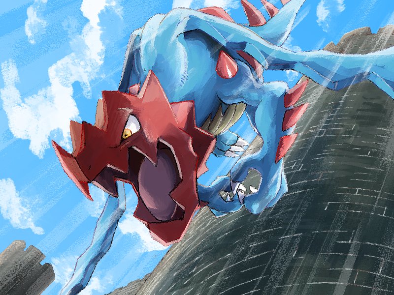 claws clouds commentary_request day druddigon falling mukiguri no_humans open_mouth outdoors pokemon pokemon_(creature) sky solo tongue tower wind yellow_eyes