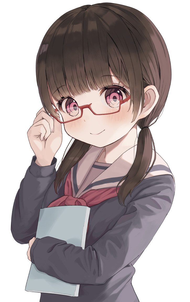1girl black_shirt blush brown_hair closed_mouth commentary glasses hair_over_shoulder hand_up long_hair long_sleeves looking_at_viewer low_twintails mimikaki_(men_bow) neckerchief original red-framed_eyewear red_eyes red_neckerchief sailor_collar school_uniform semi-rimless_eyewear serafuku shirt simple_background smile solo twintails under-rim_eyewear upper_body white_background white_sailor_collar