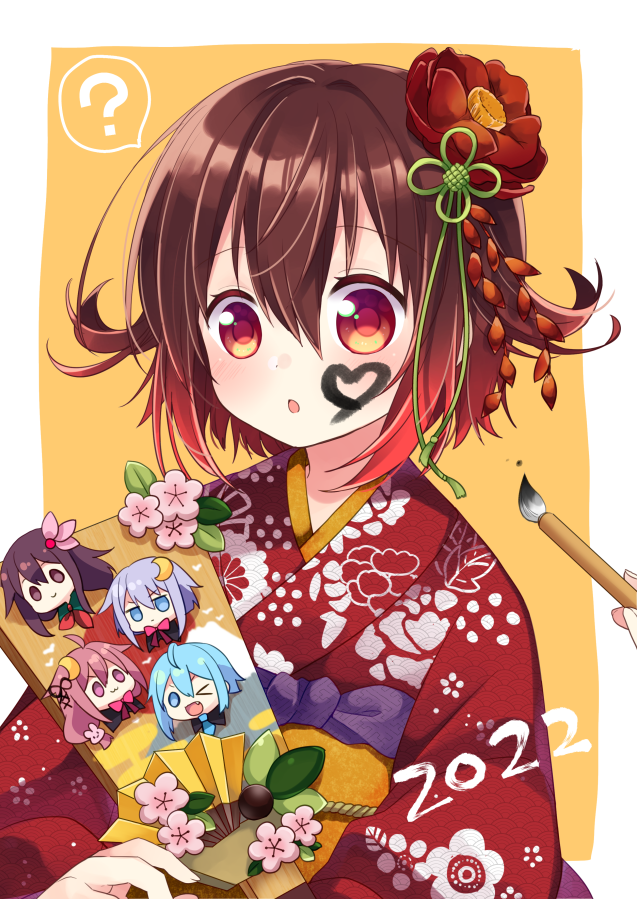 1girl 2022 ? brown_hair calligraphy_brush commentary_request facepaint floral_print flower gradient_hair hagoita hair_flower hair_ornament japanese_clothes kantai_collection kimono kisaragi_(kancolle) mikazuki_(kancolle) multicolored_hair mutsuki_(kancolle) nagasioo new_year official_alternate_costume paddle paintbrush red_kimono redhead short_hair solo spoken_question_mark twitter_username upper_body uzuki_(kancolle) yayoi_(kancolle)