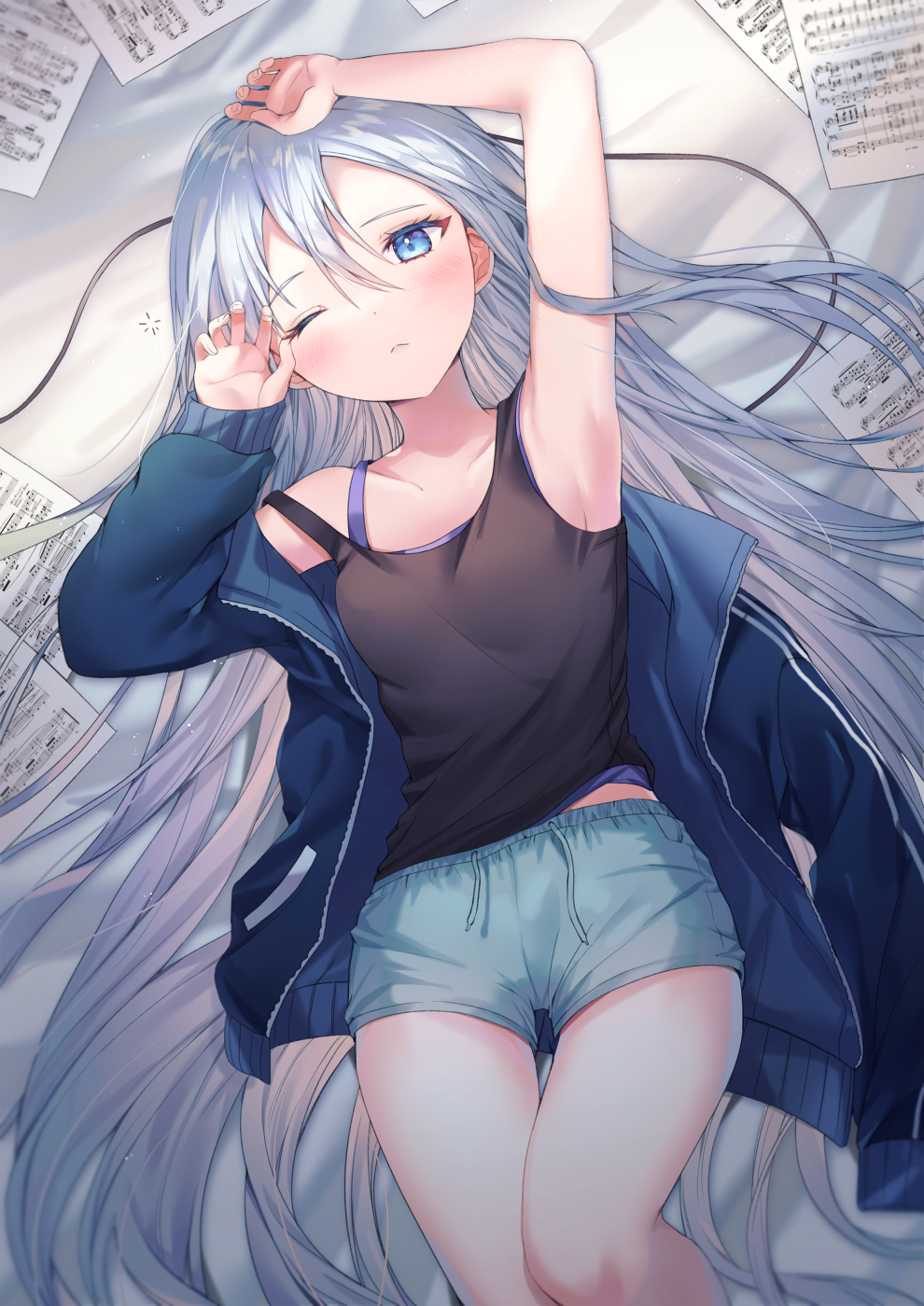 1girl arm_up armpits bangs bed_sheet black_tank_top blue_eyes blue_jacket blue_shorts blush camisole closed_mouth collarbone commentary_request dabi_(dabibubi) feet_out_of_frame grey_hair hair_between_eyes highres jacket long_hair long_sleeves lying on_back project_sekai puffy_long_sleeves puffy_sleeves purple_camisole sheet_music short_shorts shorts sleeves_past_wrists solo tank_top very_long_hair yoisaki_kanade