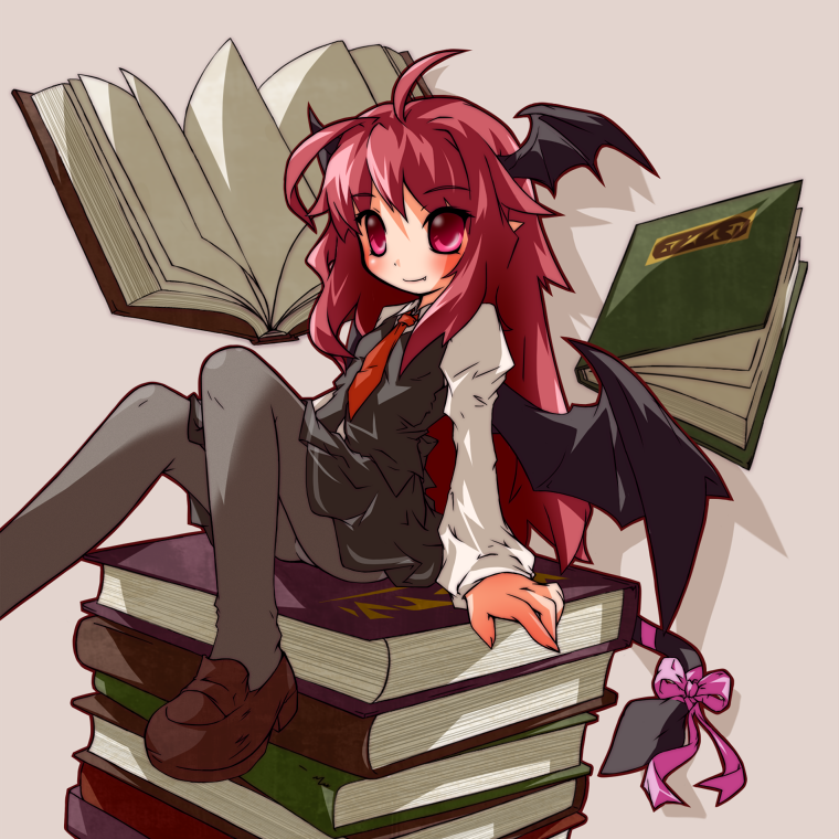 1girl ahoge artist_request bat_wings black_legwear black_skirt black_vest blush book book_stack bow brown_footwear collared_shirt commentary_request demon_tail dot_nose dress_shirt eyebrows_visible_through_hair eyes_visible_through_hair fang fang_out floating floating_book floating_object foot_out_of_frame head_wings juliet_sleeves koakuma loafers long_hair long_sleeves minigirl necktie open_book pantyhose pink_ribbon pointy_ears puffy_sleeves red_eyes red_necktie redhead ribbon shirt shoes sitting sitting_on_books skirt skirt_set smile solo tail tail_bow tail_ornament tail_ribbon touhou very_long_hair vest white_shirt wings