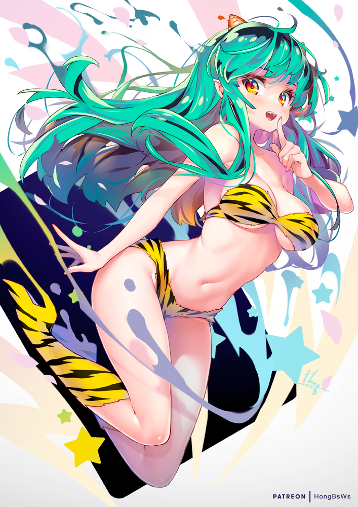 1girl :d animal_print bangs bare_arms bikini blush breasts commentary_request eyebrows_visible_through_hair finger_to_mouth floating_hair full_body green_hair hand_up hong_(white_spider) horns kneehighs long_hair looking_at_viewer lum medium_breasts navel open_mouth orange_eyes pointy_ears print_bikini print_legwear signature smile solo star_(symbol) stomach swimsuit tiger_print urusei_yatsura very_long_hair