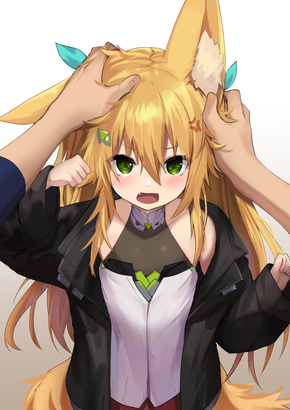 1boy 1girl anger_vein animal_ear_fluff animal_ears bangs bare_shoulders black_jacket blonde_hair blush clenched_hands clothing_request commentary_request cowboy_shot eyebrows_visible_through_hair fang fox_ears fox_tail gradient gradient_background green_eyes grey_background hair_between_eyes hair_ornament hands_on_another's_head hands_up highres jacket kokonoe_tsubaki long_hair looking_at_viewer open_mouth original pov red_skirt skirt tail yoshizawa_tsubaki