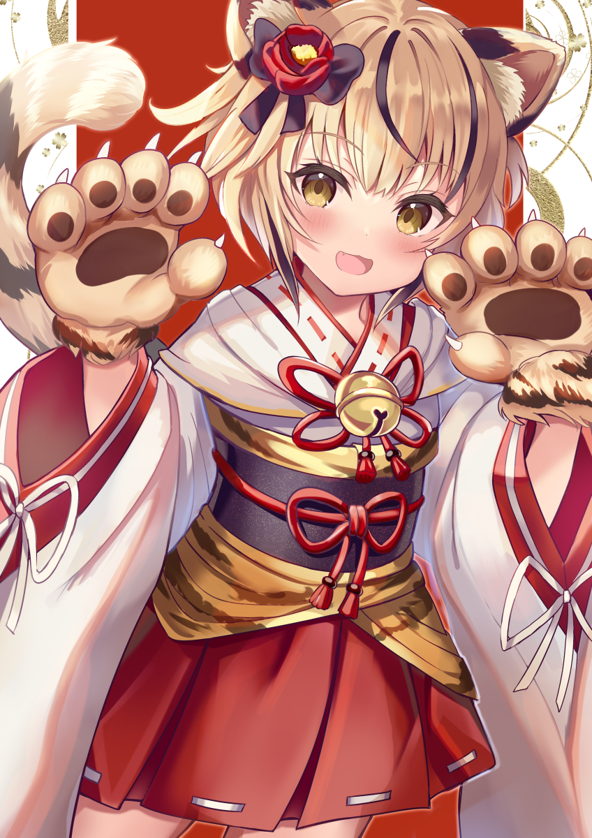 1girl :d animal_ear_fluff animal_ears animal_hands bangs bell black_hair blonde_hair blush brown_eyes chinese_zodiac commentary_request eyebrows_visible_through_hair fang gloves hair_between_eyes hair_ornament highres japanese_clothes jingle_bell looking_at_viewer miko multicolored_hair neck_bell open_mouth original paw_gloves sakura_ani short_hair smile solo streaked_hair tail tiger_ears tiger_girl tiger_tail two-tone_hair wide_sleeves year_of_the_tiger