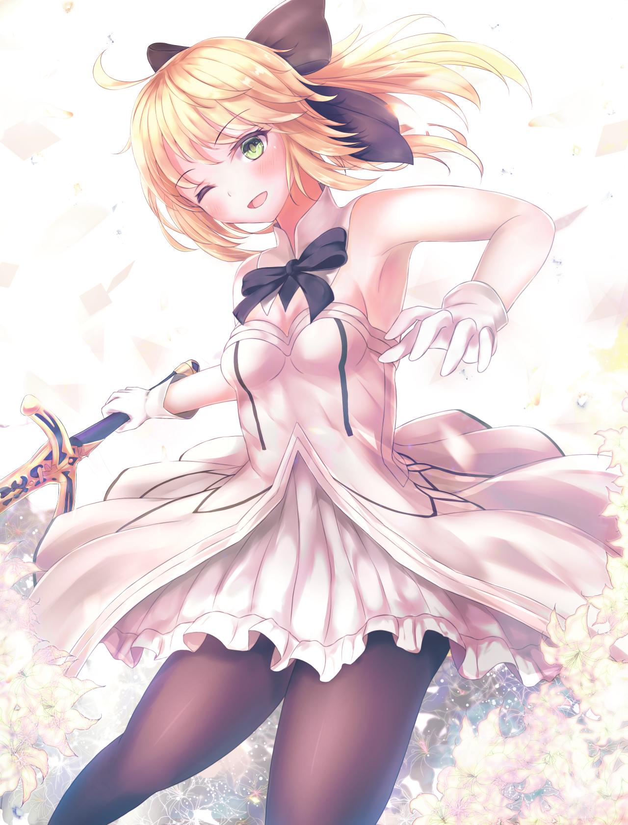 1girl absentable655 armor armored_dress artoria_pendragon_(all) black_bow blonde_hair blue_sky bow breastplate caliburn dress eyebrows_visible_through_hair fate/grand_order fate/unlimited_codes fate_(series) faulds floating_hair gauntlets green_eyes hair_between_eyes hair_bow hands_on_hilt highres long_hair looking_at_viewer outdoors petals ponytail saber_lily signature sleeveless sleeveless_dress smile solo standing white_dress