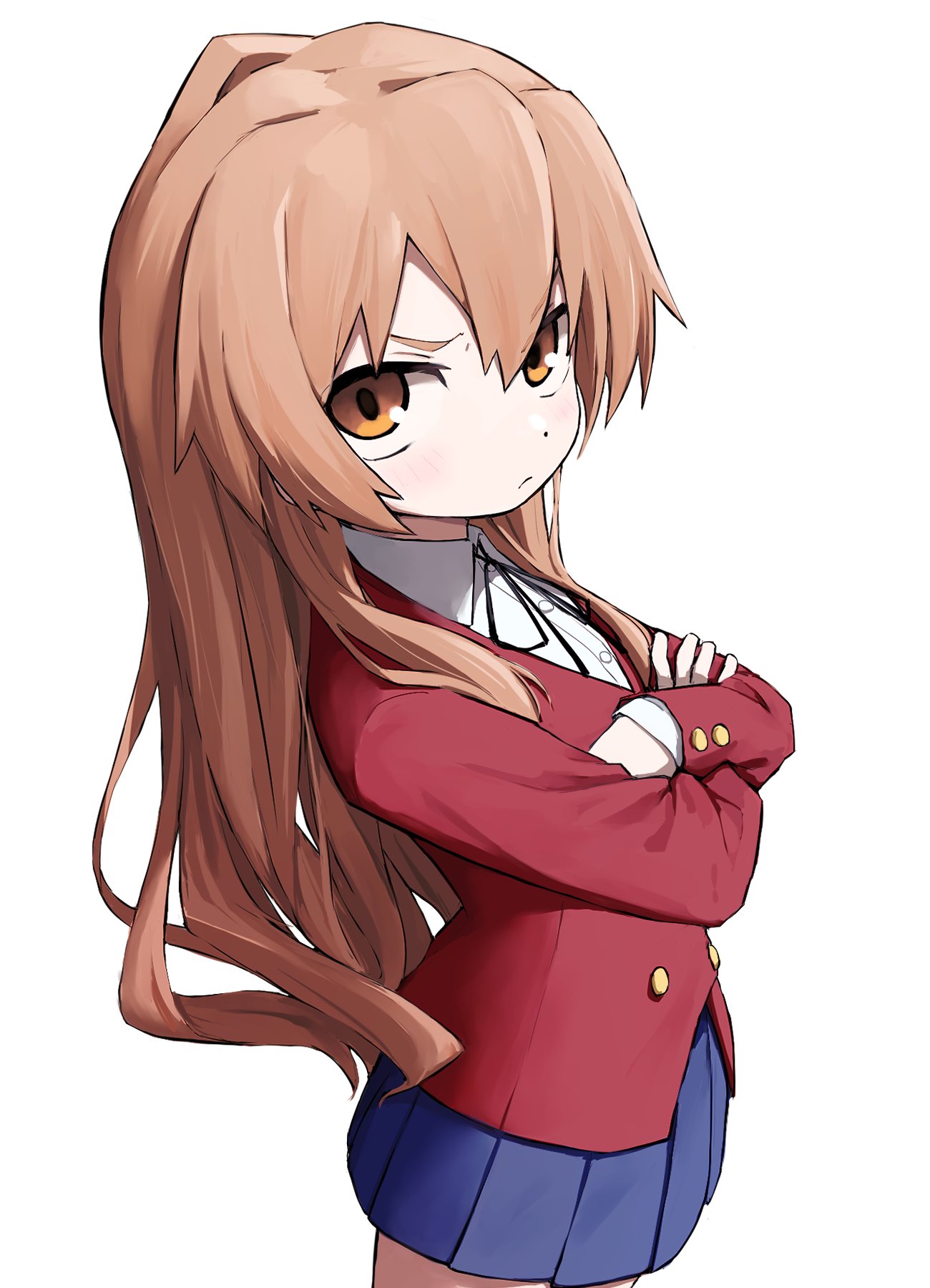 1girl aisaka_taiga annoyed black_ribbon blazer blue_skirt brown_eyes brown_hair buttons closed_mouth collared_shirt commentary_request crossed_arms dress_shirt highres jacket light_blush long_hair long_sleeves looking_at_viewer miniskirt neck_ribbon oohashi_high_school_uniform pleated_skirt red_jacket ribbon school_uniform shirt simple_background skirt solo standing toradora! very_long_hair white_background white_shirt yachima_tana