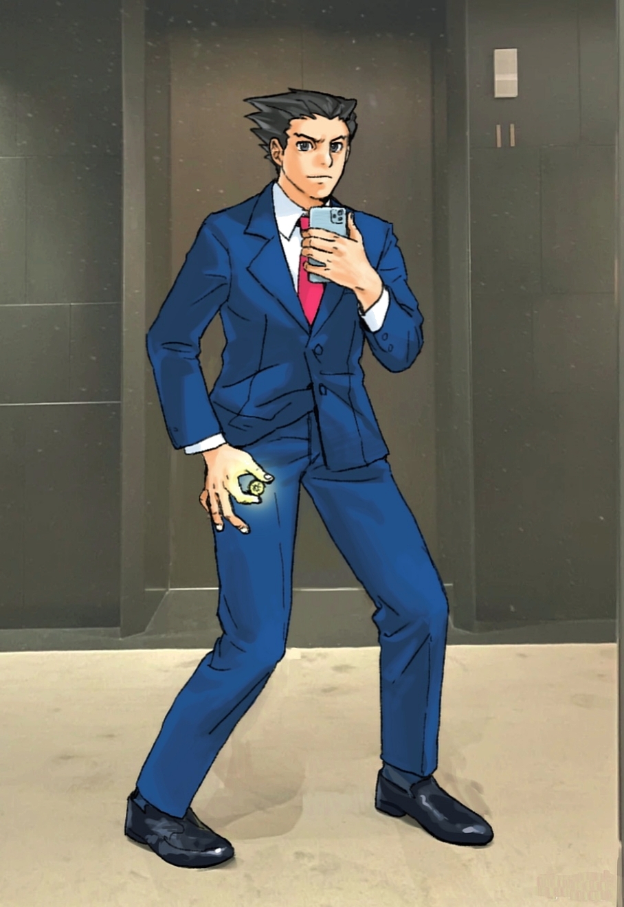 1boy ace_attorney black_eyes black_footwear black_hair blue_jacket blue_pants cellphone chinese_commentary circle_game closed_mouth collared_shirt commentary_request door forehead formal full_body godzillapigeon1 hand_up high-quality_human_male_(meme) highres holding indoors iphone jacket long_sleeves looking_at_viewer male_focus meme necktie pants phoenix_wright phone photo-referenced photo_background pin red_necktie selfie shirt shoes short_hair smartphone solo spiky_hair standing suit v-shaped_eyebrows white_shirt
