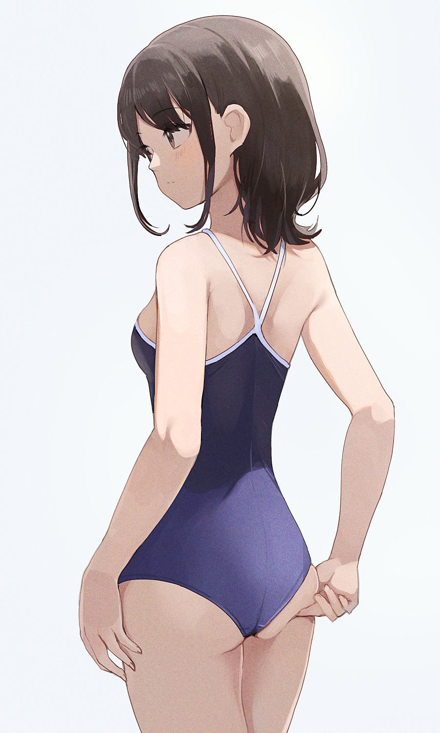 1girl ass bangs blue_swimsuit breasts brown_eyes brown_hair closed_mouth cowboy_shot eyebrows_visible_through_hair film_grain from_behind hands_on_own_ass highres hiroki_(yyqw7151) light_blush looking_to_the_side medium_breasts medium_hair one-piece_swimsuit original sidelocks simple_background solo standing swimsuit white_background