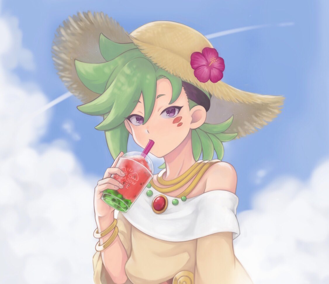 1boy black_hair blue_sky bracelet clouds contrail day drink facial_mark flower green_hair hair_between_eyes hat hat_flower hibiscus jewelry looking_at_viewer male_focus mauro_abelard multicolored_hair off_shoulder otoko_no_ko outdoors riku_son sky solo spiky_hair straw_hat sun_hat tunic two-tone_hair violet_eyes