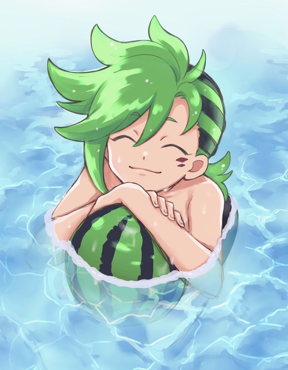 1boy black_hair closed_eyes eyebrows_visible_through_hair facial_mark floating food fruit green_hair hair_between_eyes highres looking_at_viewer male_focus mauro_abelard multicolored_hair partially_submerged riku_son shadowverse smile solo spiky_hair swimming two-tone_hair water watermelon