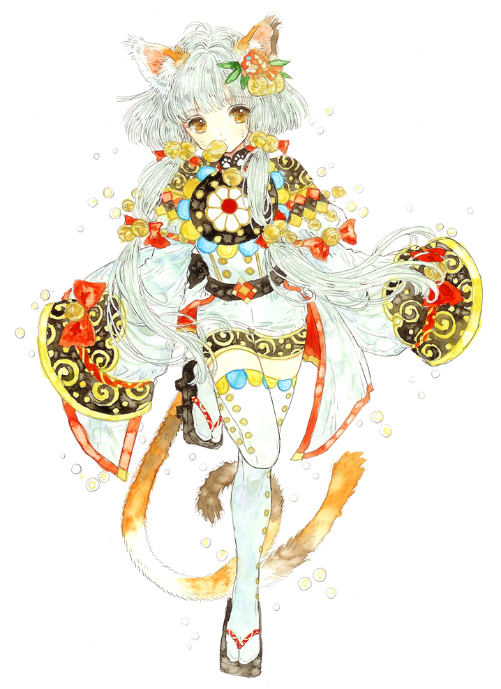 1boy animal_ears bell bow calico cat cat_boy cat_ears cat_tail hair_ornament japanese_clothes long_sleeves male_focus maneki-neko original pale_skin ribbon sleeves_past_wrists tail takanashi_tsubasa thigh-highs white_hair yellow_eyes