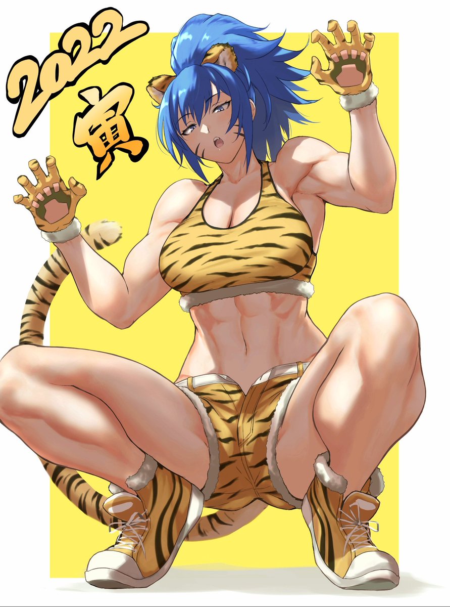 abs anagumasan animal_ears animal_print blue_eyes blue_hair breasts cat cat_ears cat_tail chinese_zodiac highres leona_heidern muscular muscular_female paw_pose ponytail sports_bra squatting tail the_king_of_fighters tiger_print year_of_the_tiger