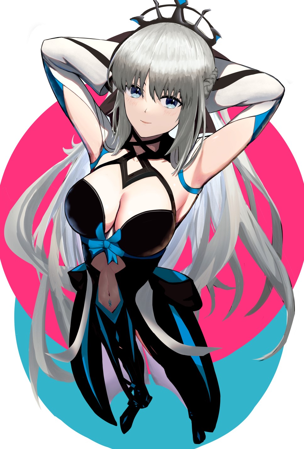 1girl bangs black_bow black_dress blue_eyes bow breasts center_opening cleavage_cutout closed_mouth clothing_cutout commentary dress eyebrows_visible_through_hair fate/grand_order fate_(series) fingernails hair_between_eyes hair_bow hair_ornament highres holding holding_staff holding_weapon large_breasts lastnote900 long_hair long_sleeves looking_at_viewer morgan_le_fay_(fate) navel night night_sky outdoors outstretched_arm ponytail pubic_tattoo serious sidelocks silver_hair sky solo staff star_(sky) tattoo tiara tree two-tone_dress upper_body very_long_hair weapon white_dress wide_sleeves