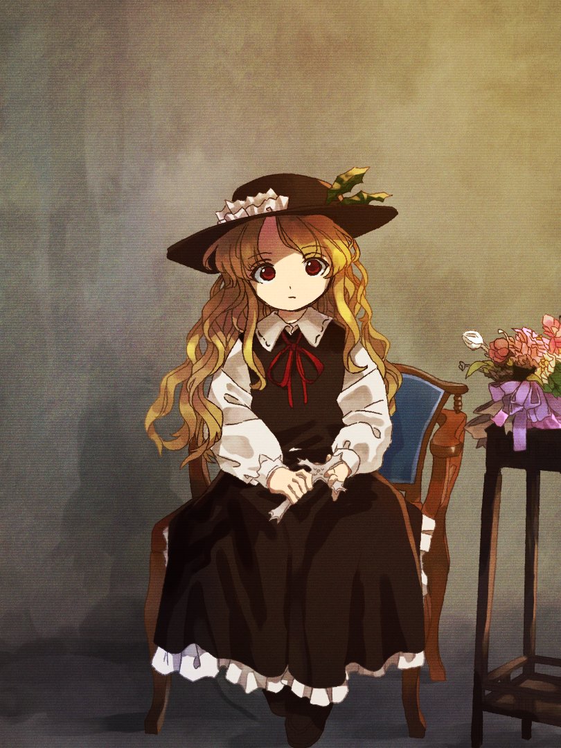 1girl blonde_hair bouquet brown_eyes brown_headwear brown_vest chair collared_shirt cross dress flower frilled_hat frills hat hat_feather holding holding_cross jacket_girl_(dipp) latin_cross long_dress long_hair long_sleeves retrochaossan ribbon shirt sitting skirt skirt_set solo table touhou vest wavy_hair white_shirt