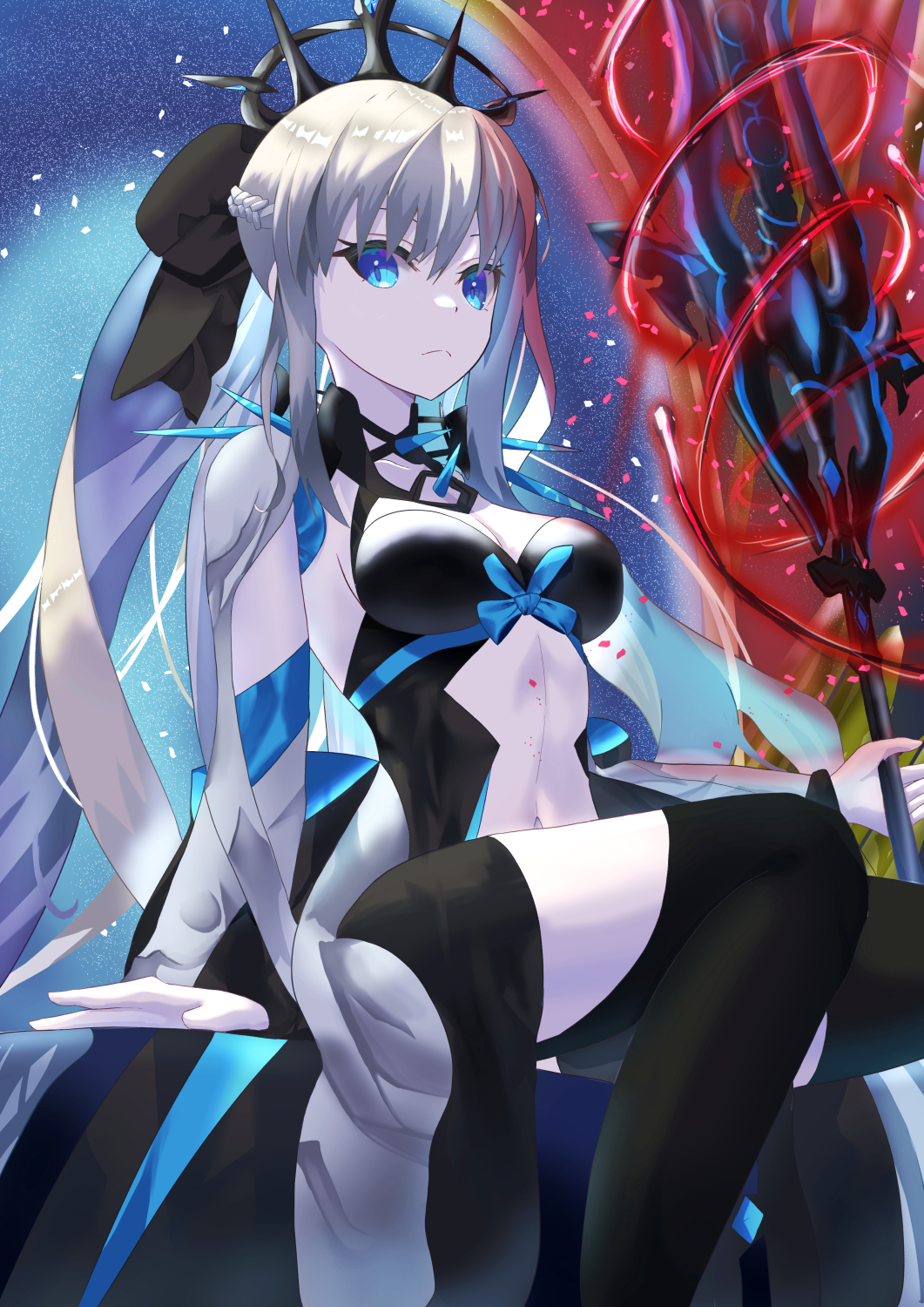 1girl bangs black_bow black_dress blue_eyes bow breasts center_opening cleavage_cutout closed_mouth clothing_cutout commentary dress eyebrows_visible_through_hair fate/grand_order fate_(series) fingernails hair_between_eyes hair_bow hair_ornament highres holding holding_staff holding_weapon kaleid_(pixiv34905536) large_breasts long_hair long_sleeves looking_at_viewer morgan_le_fay_(fate) navel night night_sky outdoors outstretched_arm ponytail pubic_tattoo serious sidelocks silver_hair sky solo staff star_(sky) tattoo tiara tree two-tone_dress upper_body very_long_hair weapon white_dress wide_sleeves