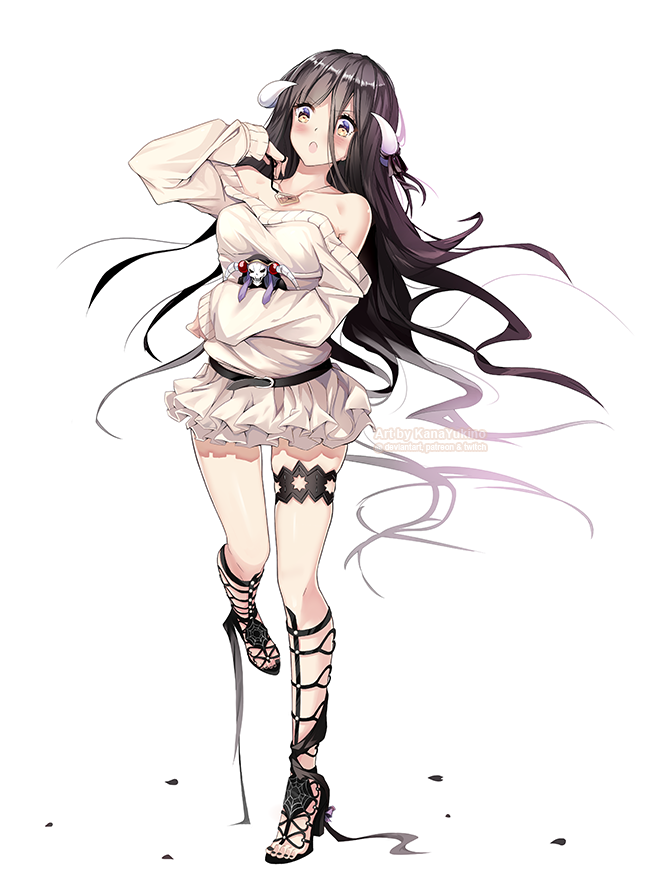 1girl ainz_ooal_gown albedo_(genshin_impact) artist_name bangs bare_shoulders black_footwear black_hair black_nails black_ribbon blush breasts character_doll commentary demon_horns english_commentary eyebrows_visible_through_hair hair_between_eyes horn_ornament horn_ribbon horns jewelry kana_yukino leg_garter long_hair long_sleeves medium_breasts nail_polish necklace off-shoulder_sweater off_shoulder open_mouth overlord_(maruyama) ribbon sandals simple_background skirt solo standing standing_on_one_leg sweater toenail_polish toenails very_long_hair white_background white_skirt white_sweater yellow_eyes