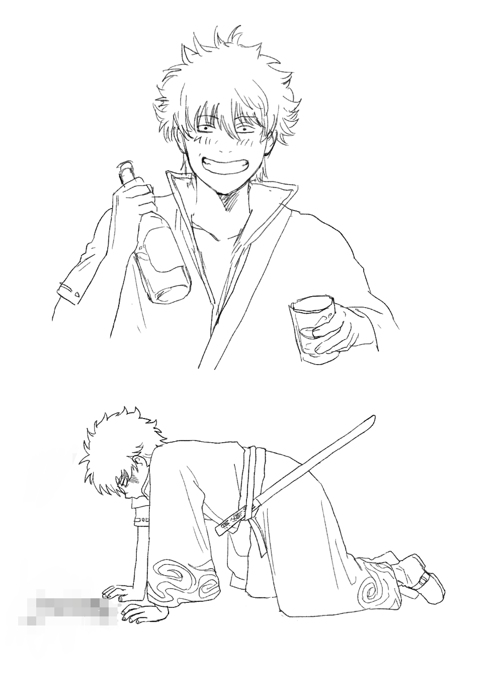 1boy alcohol all_fours bangs blush bottle censored chinese_commentary collarbone commentary_request constricted_pupils cup drinking_glass eyebrows_visible_through_hair from_side full_body gintama godzillapigeon1 greyscale grin hair_between_eyes hands_up happy highres holding holding_bottle holding_cup instant_loss japanese_clothes kimono light_blush long_sleeves looking_at_viewer male_focus monochrome mosaic_censoring multiple_views off_shoulder ribbon-trimmed_sleeves ribbon_trim sakata_gintoki sash shirt shoes short_hair short_sleeves sidelocks simple_background sketch smile sword teeth turn_pale upper_body vomit weapon white_background wide_sleeves