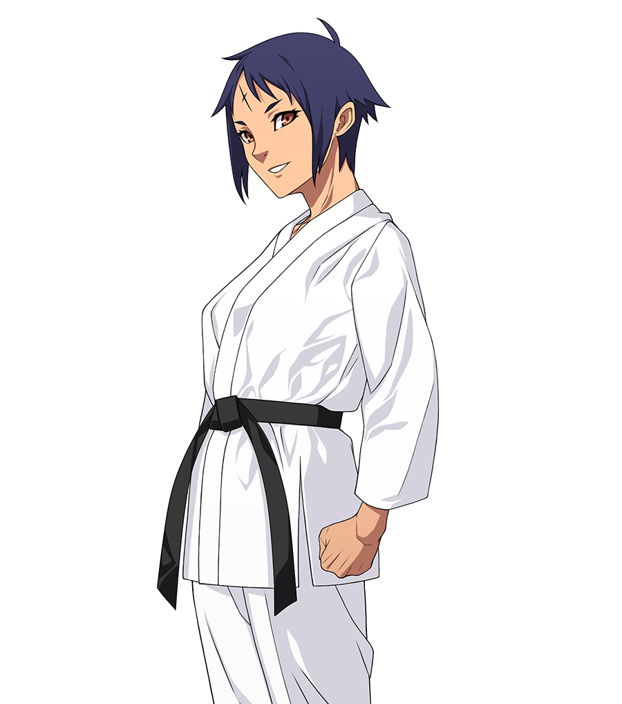 1girl 555carpaccio ahoge belt black_belt blue_hair brown_eyes clenched_hand dougi karate karate_gi looking_at_viewer original parted_lips scar scar_on_face scar_on_forehead short_hair simple_background smile solo standing white_background