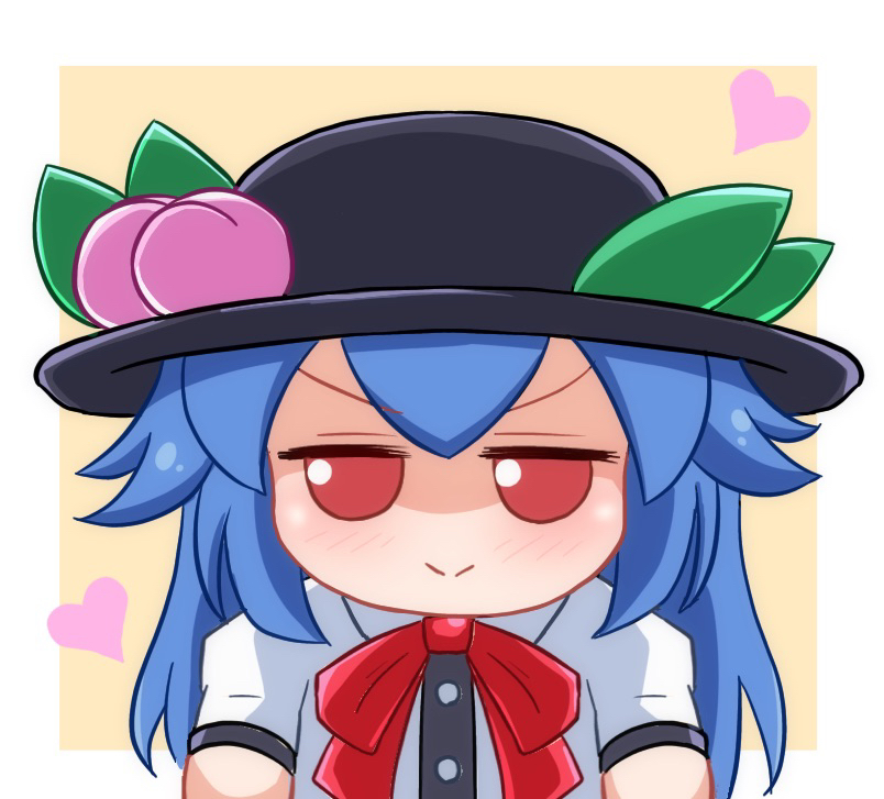 1girl bangs black_headwear blue_hair blush bow bowtie buttons closed_mouth collar collared_shirt doll eyebrows_visible_through_hair food fruit fumo_(doll) hair_between_eyes hat heart hinanawi_tenshi leaf long_hair looking_to_the_side peach pink_heart red_bow red_bowtie red_eyes shaded_face shirt short_sleeves simple_background smile solo stuffed_toy tasuku_(tusktouhou4) touhou white_background white_shirt yellow_background