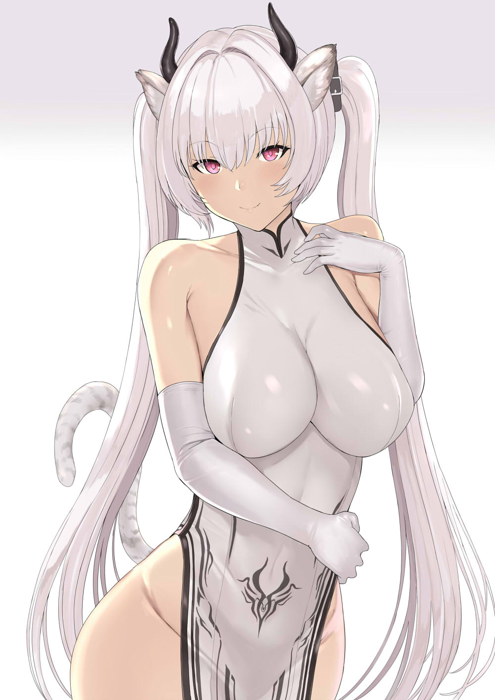 1girl animal_ears bangs bare_shoulders blush breasts dress elbow_gloves gloves hakaba_(dairiseki) highres horns large_breasts long_hair looking_at_viewer original pelvic_curtain smile solo stomach_tattoo tail tattoo tiger_ears tiger_stripes tiger_tail twintails violet_eyes virtual_youtuber weiss_anne white_dress white_gloves white_hair
