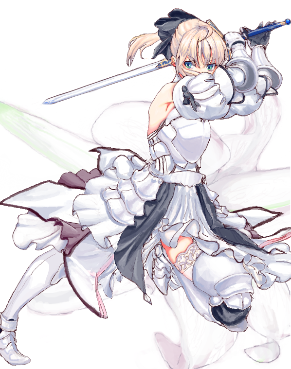 1girl armor armored_dress artoria_pendragon_(all) black_bow blonde_hair blue_sky bow breastplate caliburn dress eyebrows_visible_through_hair fate/grand_order fate/unlimited_codes fate_(series) faulds floating_hair gauntlets green_eyes hair_between_eyes hair_bow hands_on_hilt highres long_hair looking_at_viewer outdoors petals ponytail q_(pixiv297791) saber_lily signature sleeveless sleeveless_dress smile solo standing white_dress