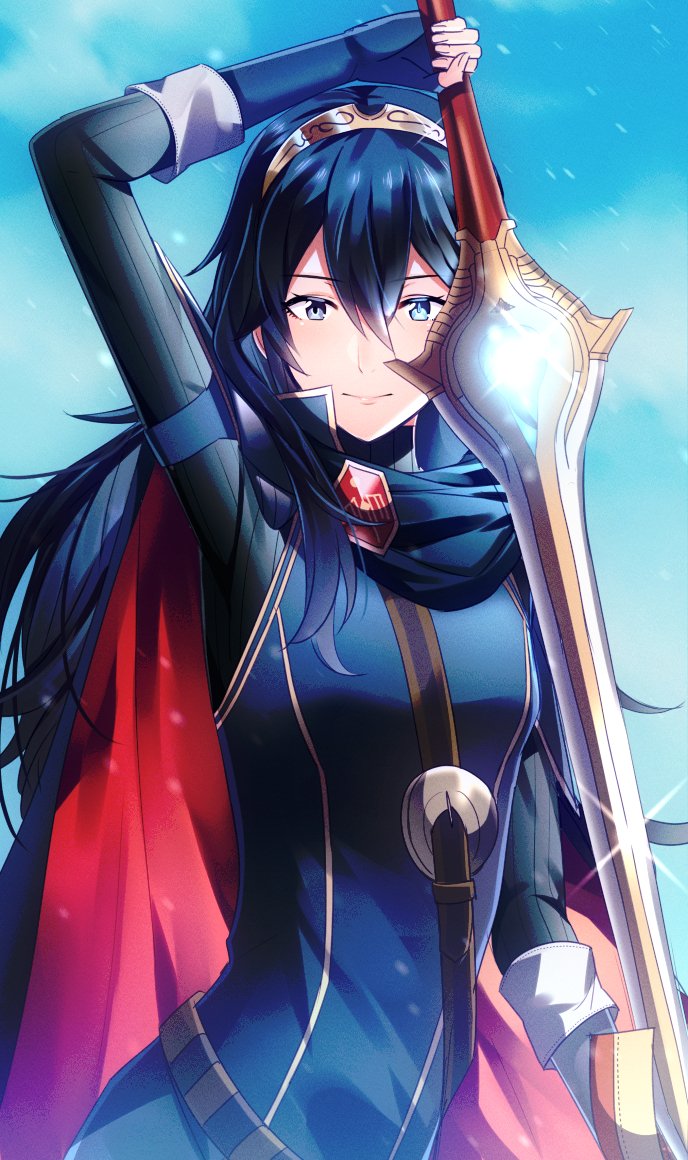 1girl ameno_(a_meno0) blue_background blue_eyes blue_hair cape falchion_(fire_emblem) fingerless_gloves fire_emblem fire_emblem_awakening flat_chest gloves long_hair looking_at_viewer lucina_(fire_emblem) pose smile solo sweater sword symbol-shaped_pupils tiara weapon