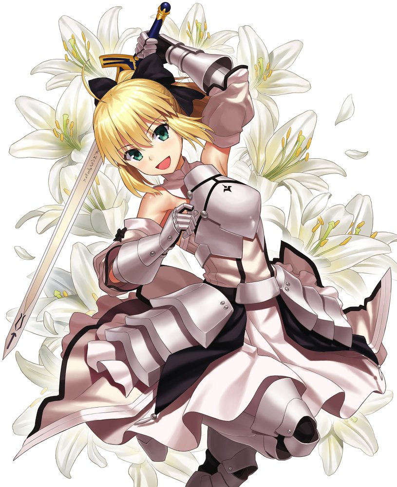 1girl armor armored_dress artoria_pendragon_(all) black_bow blonde_hair blue_sky bow breastplate caliburn dress eyebrows_visible_through_hair fate/grand_order fate/unlimited_codes fate_(series) faulds floating_hair gauntlets green_eyes hair_between_eyes hair_bow hands_on_hilt highres long_hair looking_at_viewer outdoors pepperjoe300 petals ponytail saber_lily signature sleeveless sleeveless_dress smile solo standing white_dress