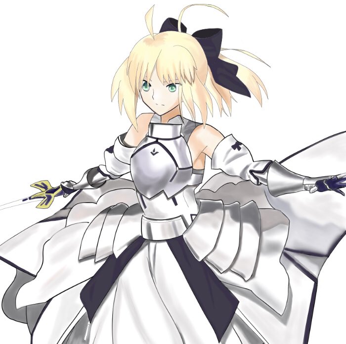 1girl armor armored_dress artoria_pendragon_(all) black_bow blonde_hair blue_sky bow breastplate caliburn dress eyebrows_visible_through_hair fate/grand_order fate/unlimited_codes fate_(series) faulds floating_hair gauntlets green_eyes hair_between_eyes hair_bow hands_on_hilt highres long_hair looking_at_viewer outdoors petals ponytail saber_lily signature sleeveless sleeveless_dress smile solo standing syusan151 white_dress