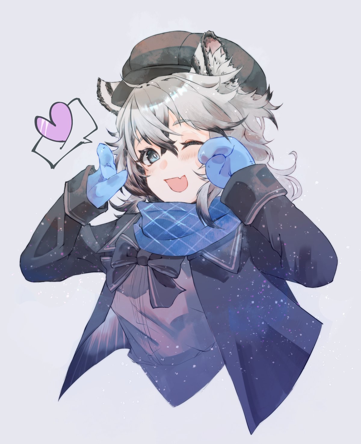 1girl ;d animal_ear_fluff animal_ears arknights arms_up black_hair black_jacket blue_eyes blue_mittens blue_scarf blush bright_pupils brown_headwear cliffheart_(arknights) cropped_torso fang heart highres hiyofumi jacket leopard_ears long_sleeves looking_at_viewer multicolored_hair one_eye_closed open_clothes open_jacket scarf silver_hair simple_background skin_fang smile solo speech_bubble spoken_heart streaked_hair two-tone_hair upper_body white_background