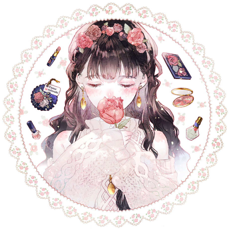 1girl black_hair closed_eyes doily earrings flower hair_flower hair_ornament jewelry knit_sweater lipstick makeup name_tag original oversized_clothes rose sleeves_past_wrists solo wavy_hair yumemitsuki125