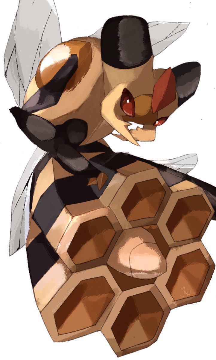 bee beehive bug highres insect_wings no_mouth pemuchi_(chikuwa_3296) pokemon pokemon_(creature) red_eyes simple_background solo striped vespiquen white_background wings