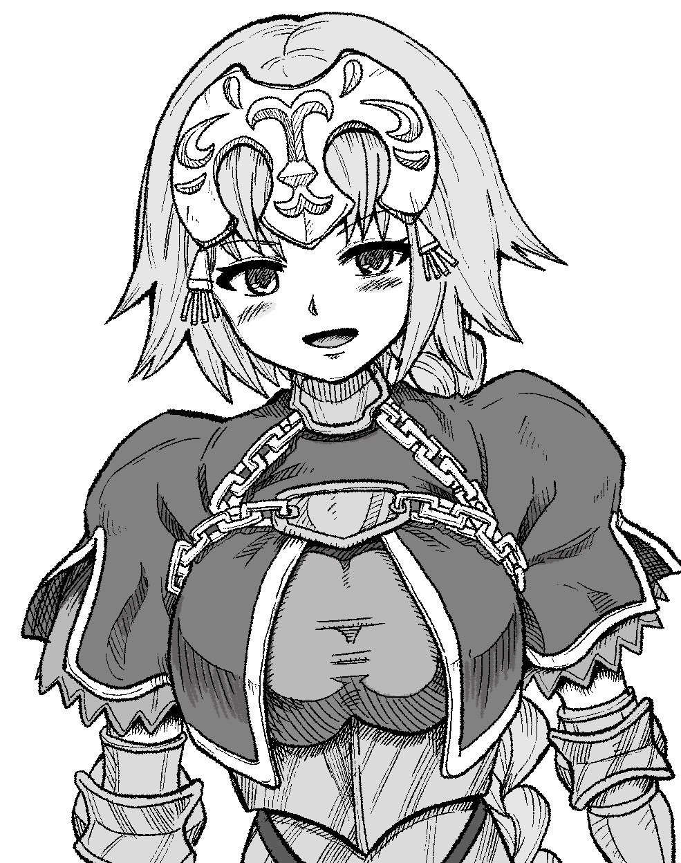 1girl armor armored_dress bangs blush braid breasts bridal_gauntlets capelet chain commentary_request eyebrows_visible_through_hair fate/grand_order fate_(series) greyscale headpiece highres jeanne_d'arc_(fate) jeanne_d'arc_(fate/apocrypha) kusama_takato large_breasts looking_at_viewer monochrome open_mouth solo upper_body