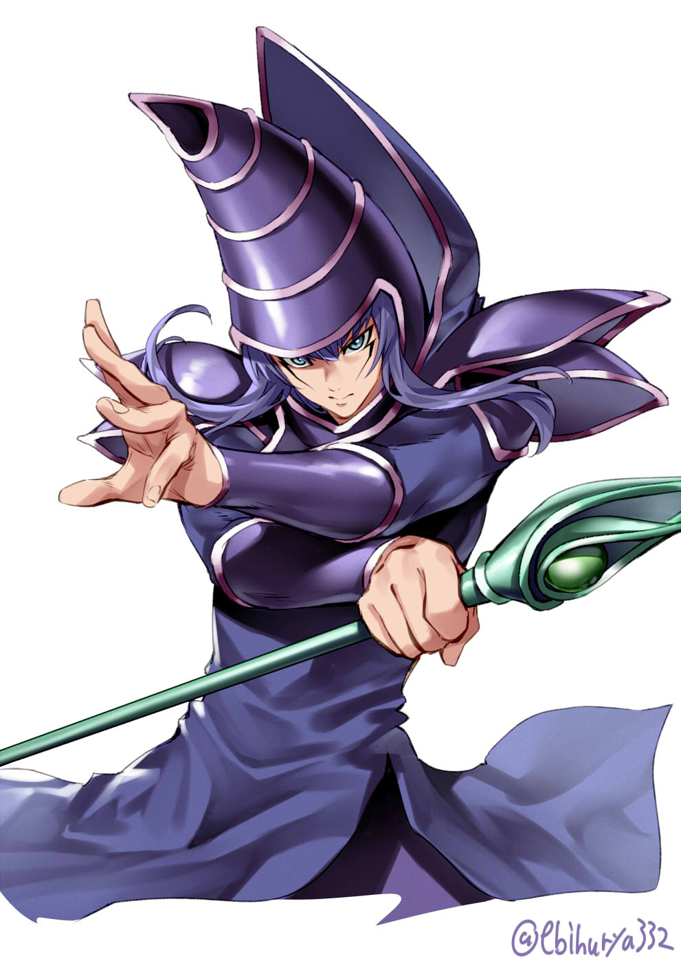 1boy blue_eyes closed_mouth dark_magician duel_monster ebifurya hat highres holding holding_staff male_focus purple_hair purple_headwear serious simple_background solo staff upper_body white_background wizard_hat yu-gi-oh! yu-gi-oh!_duel_monsters yuu-gi-ou yuu-gi-ou_duel_monsters