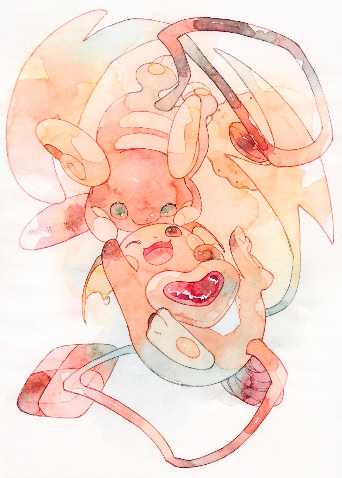 ;d alolan_raichu brown_eyes commentary_request eye_contact eyelashes green_eyes highres looking_at_another no_humans oharu-chan one_eye_closed open_mouth painting_(medium) pokemon pokemon_(creature) raichu smile tongue traditional_media watercolor_(medium)