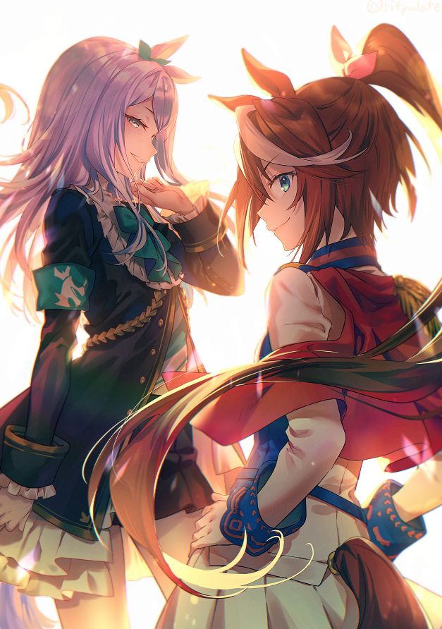 2girls animal_ears armband backlighting bangs black_jacket blue_eyes blue_jacket bow bowtie brown_hair cape capelet center_frills closed_mouth colored_tips cowboy_shot ear_ribbon epaulettes eyebrows_visible_through_hair frilled_jacket frilled_sleeves frills gloves green_bow green_bowtie green_ribbon green_shirt grin hair_between_eyes hair_bow hair_flaps half-closed_eyes hands_on_hips high_ponytail horse_ears horse_girl horse_tail jacket long_hair long_sleeves looking_at_viewer looking_back looking_to_the_side mejiro_mcqueen_(umamusume) multicolored_clothes multicolored_hair multicolored_jacket multiple_girls open_clothes open_jacket pink_bow pleated_skirt ponytail purple_hair red_cape red_capelet ribbon riichu shirt sidelocks single_epaulette single_glove skirt smile standing striped striped_shirt swept_bangs tail teeth tokai_teio_(umamusume) two-tone_hair two-tone_jacket two-tone_shirt umamusume very_long_hair violet_eyes white_gloves white_hair white_jacket white_shirt white_skirt