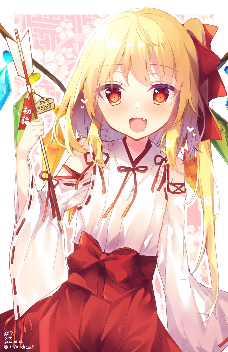 1girl alternate_costume artist_name bangs bare_shoulders belt blonde_hair blush border bow crystal detached_sleeves dress eyebrows_visible_through_hair fang flandre_scarlet floral_background flower hair_between_eyes hair_ribbon hand_up heart highres japanese_clothes jewelry kimono long_sleeves looking_at_viewer multicolored_wings no_hat no_headwear one_side_up open_mouth pink_background pink_flower red_belt red_bow red_dress red_eyes red_kimono red_ribbon ribbon short_hair smile solo tongue touhou twitter_username unya_(coco121955) white_border white_dress white_flower wide_hips wide_sleeves wings