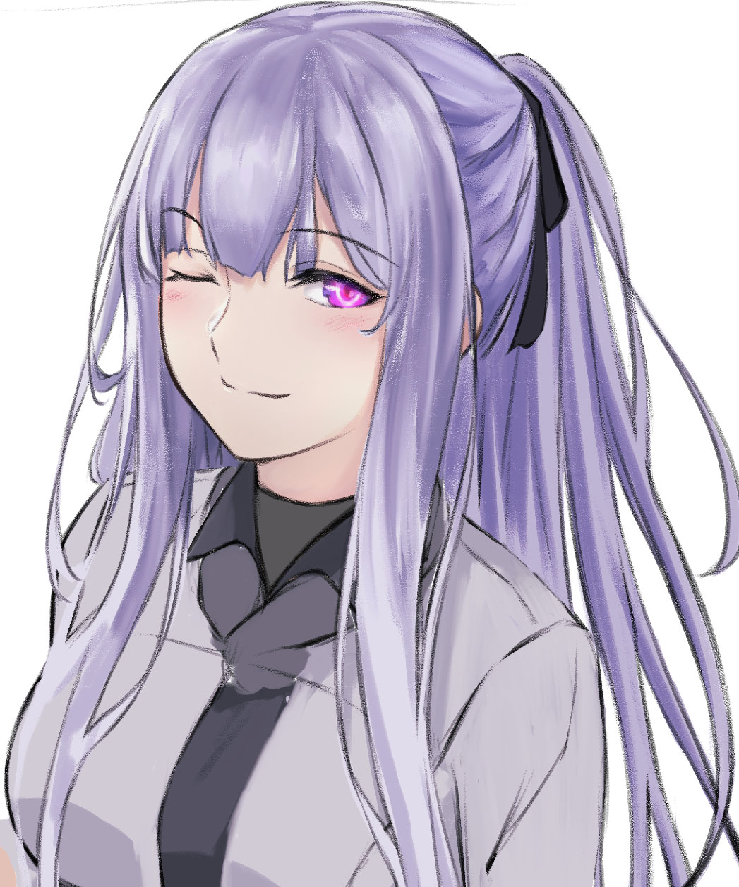 1girl 3_small_spiders ak-12_(girls'_frontline) bangs black_ribbon blush breasts closed_mouth eyebrows_visible_through_hair girls_frontline hair_between_eyes hair_ribbon highres long_hair looking_at_viewer one_eye_closed ponytail ribbon silver_hair smile solo tactical_clothes upper_body violet_eyes white_background