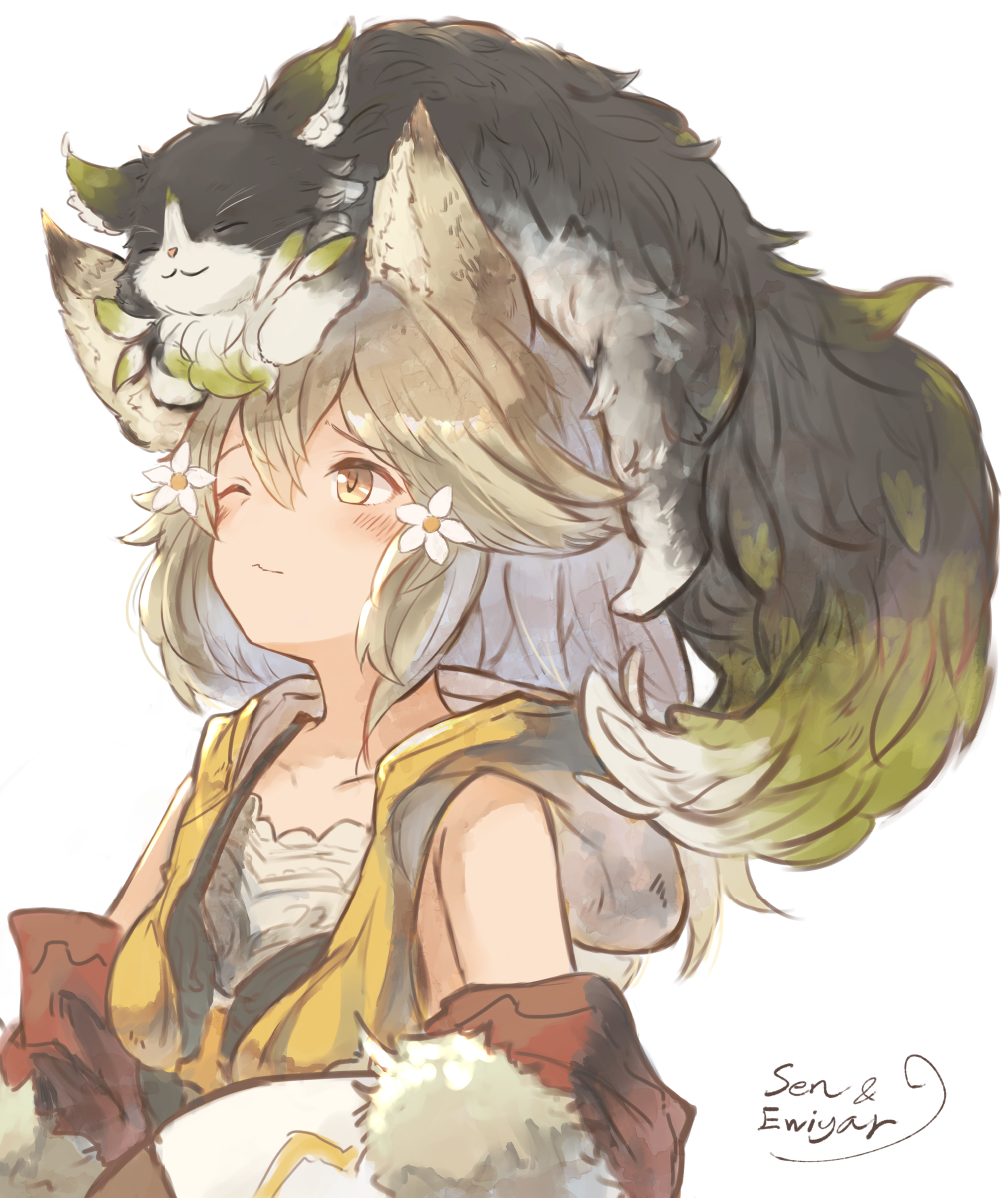 1girl animal_ears animal_on_head bangs blush cat cat_ears character_name closed_mouth collarbone commentary_request ewiyar_(granblue_fantasy) flower granblue_fantasy hair_flower hair_ornament highres hood hood_down hoodie long_hair mote_max on_head one_eye_closed sen_(granblue_fantasy) sleeveless sleeveless_hoodie upper_body yellow_eyes