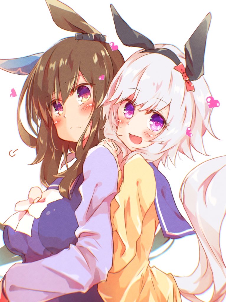 2girls :d admire_vega_(umamusume) animal_ears bangs black_hairband blue_sailor_collar blush bow breasts closed_mouth commentary_request curren_chan_(umamusume) ear_bow eyebrows_visible_through_hair hair_between_eyes hairband hand_on_another's_shoulder heart horse_ears horse_girl horse_tail hug hug_from_behind medium_breasts multiple_girls purple_shirt red_bow rinrin_(927413) sailor_collar school_uniform shirt silver_hair simple_background smile tail tracen_school_uniform umamusume upper_body violet_eyes white_background white_bow yellow_shirt