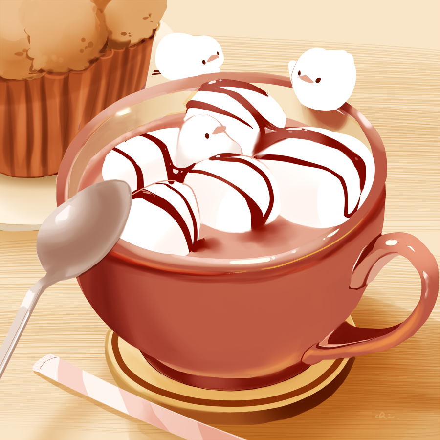 animal_focus bird chai chocolate_syrup commentary cup food food_focus hot_chocolate looking_at_another marshmallow muffin mug original plate signature spoon table